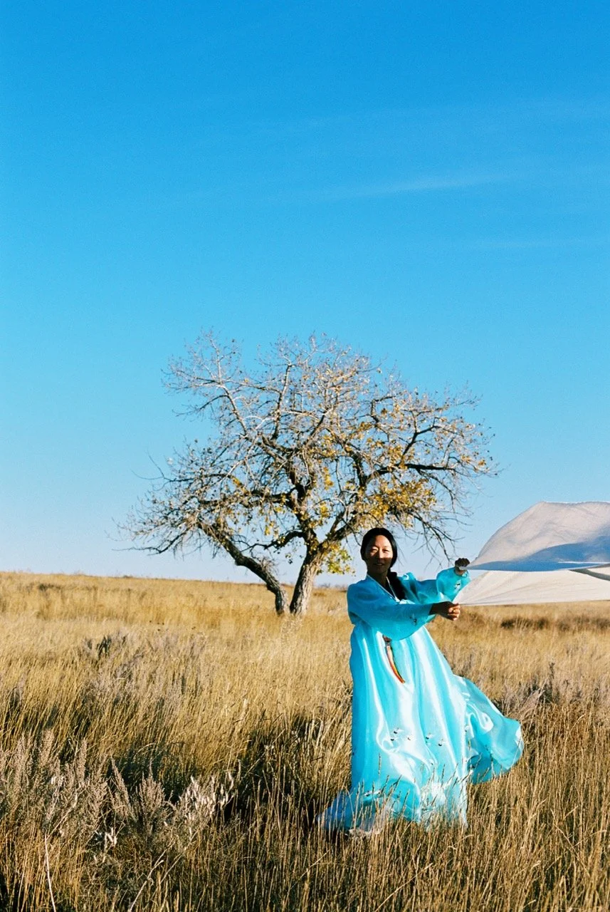 A woman in a bright blue traditional dress holding a white umbrella in a grassy field with a leafless tree and a clear blue sky.