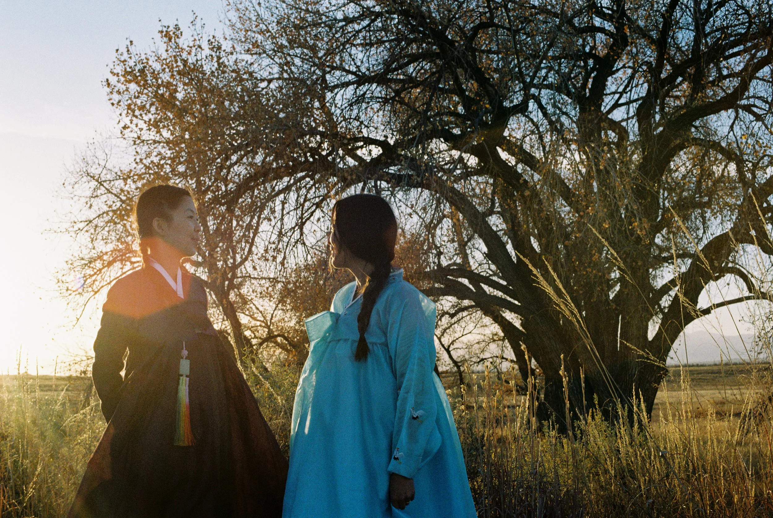 Two people in traditional clothing standing outdoors near a large tree with autumn leaves, during sunset.