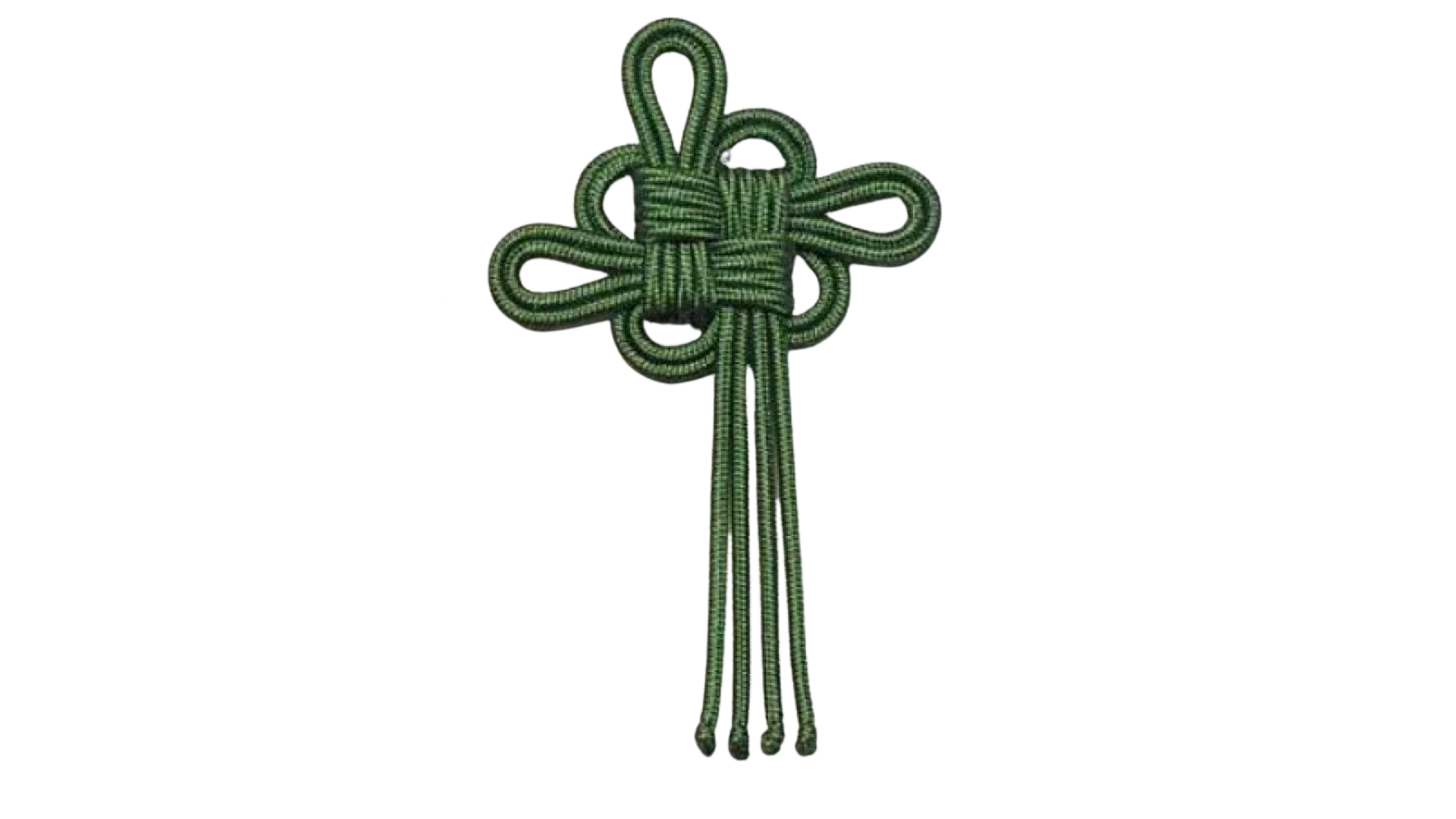 Green paracord bracelet with intricate knot pattern, hanging with multiple strands extending downward.