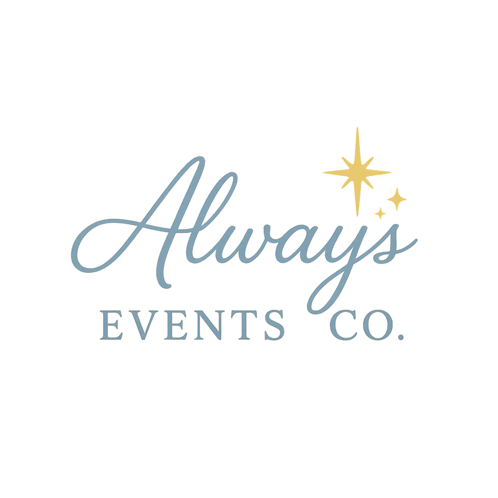 Logo for Always Events Co. with a glowing, stylized text and a starburst design in gold