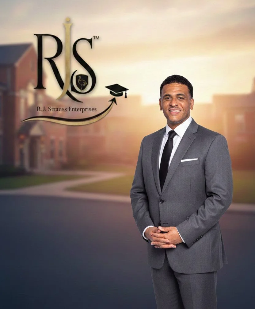 A man in a gray suit with a black tie, standing outdoors with a cityscape and sunset background. A logo with the letters 'R S' and the text 'R.J. Strauss Enterprises' is in the top left corner.