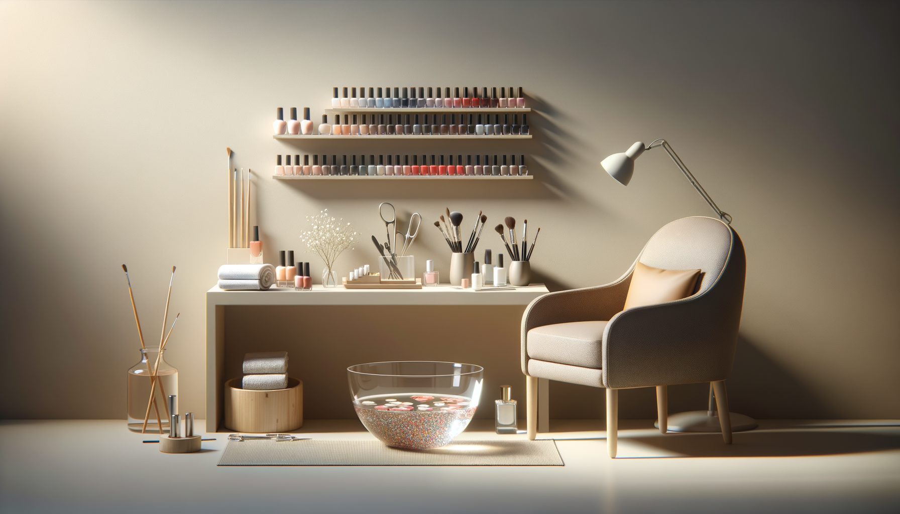 Nail salon with shelves of nail polish, nail tools, towels, and water filled with floating petals, in a cozy nook with neutral tones.