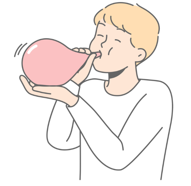 Animated image of a boy breathing into a balloon using PRI techniques.