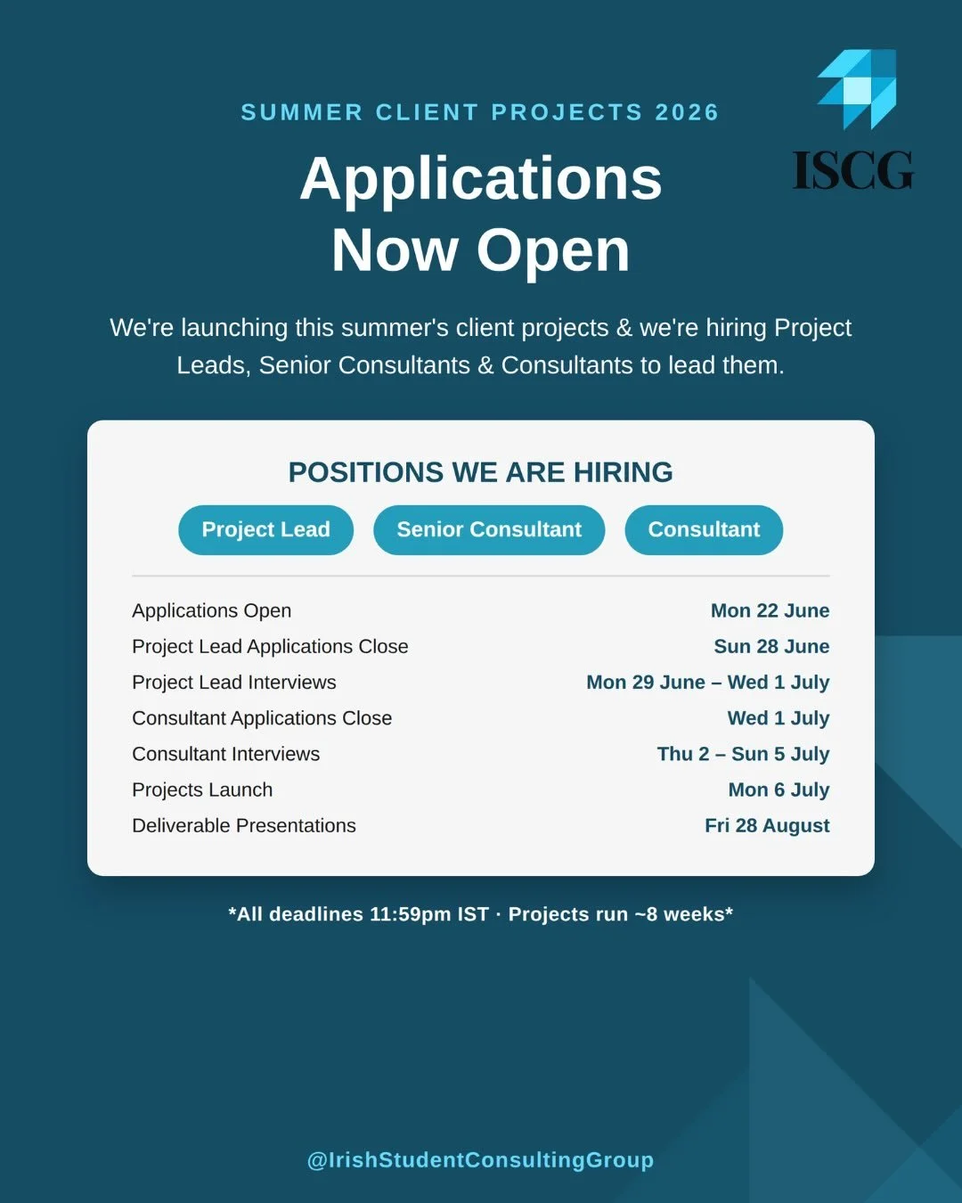 🚨Applications Now Open🚨

We are excited to launch the 2026 Summer Client Projects. 

Want to work with real clients, gain hands-on consulting experience, and boost your CV? This is your chance to join a project team and make an impact. 

🗓️Applica