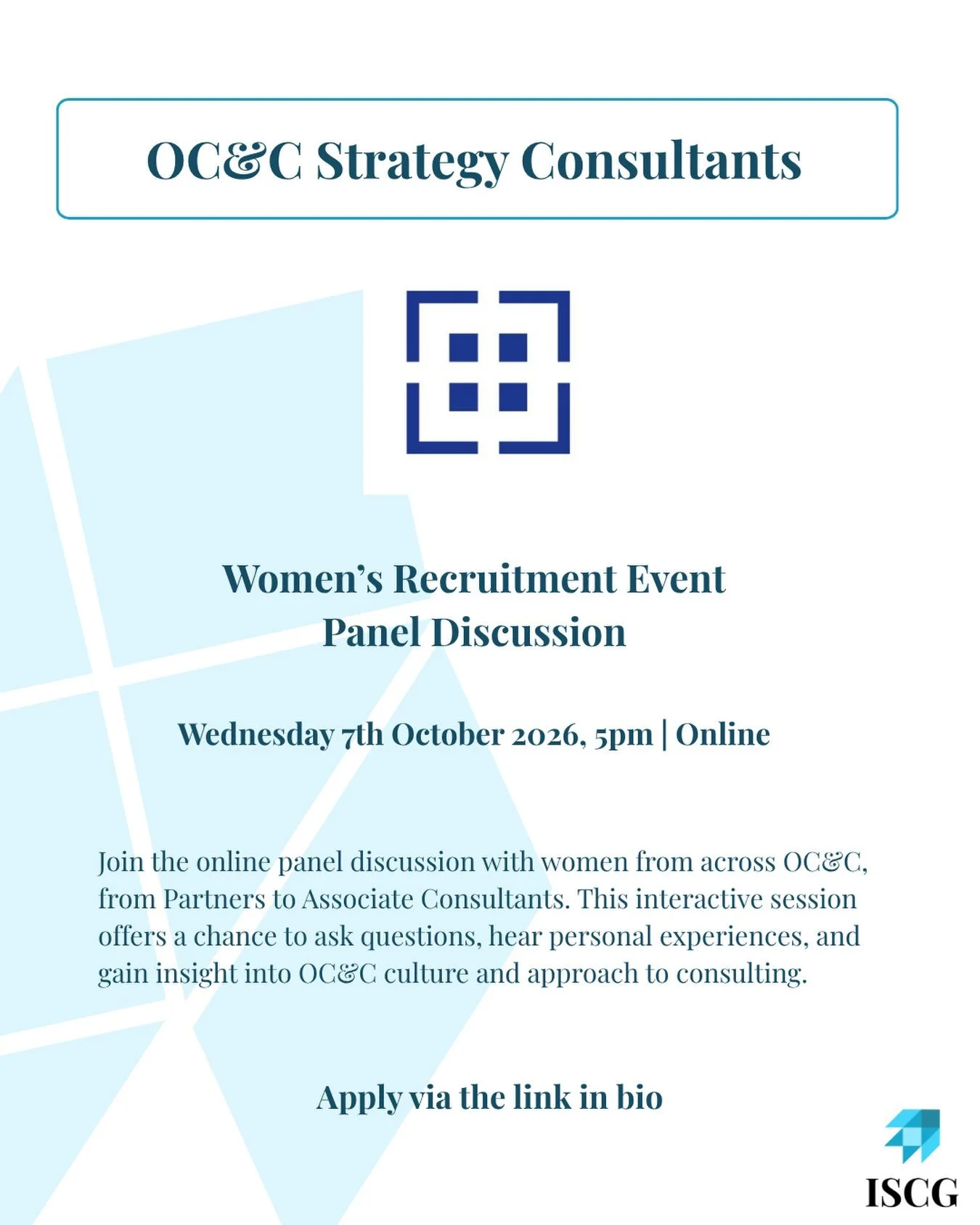 Interested in a career in Strategy Consulting? 

Join OC&amp;C Strategy Consultants Women&rsquo;s Recruitment Event Panel Discussion on Wednesday 07/10 online. 

Apply now at the link in bio.