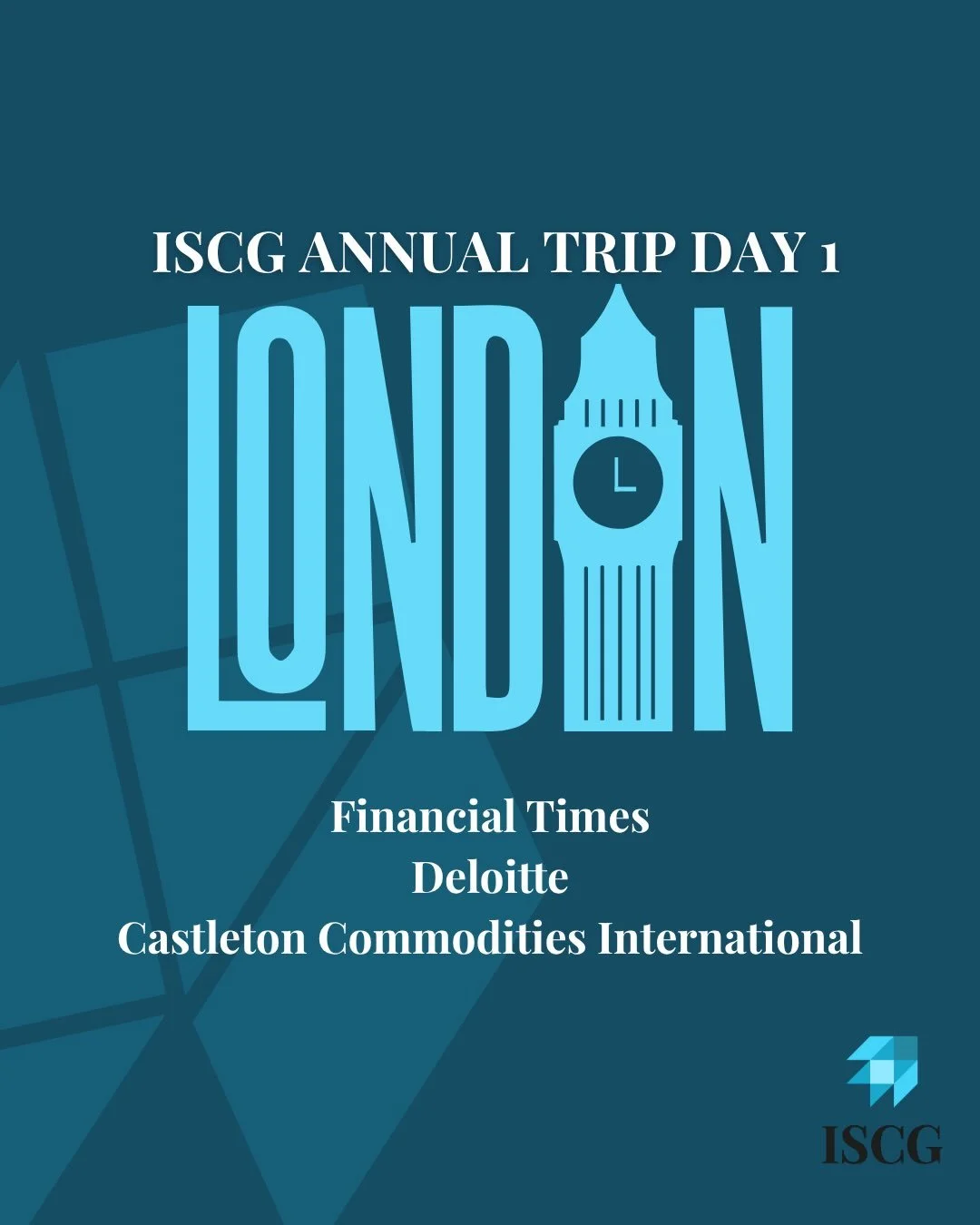 ISCG Annual London Trip Day 1 

ISCG spent the day engaging with industry leaders across journalism, advisory, and global commodity markets. 

We gained direct perspective on industry trends, strategic decision-making, and market dynamics from three 