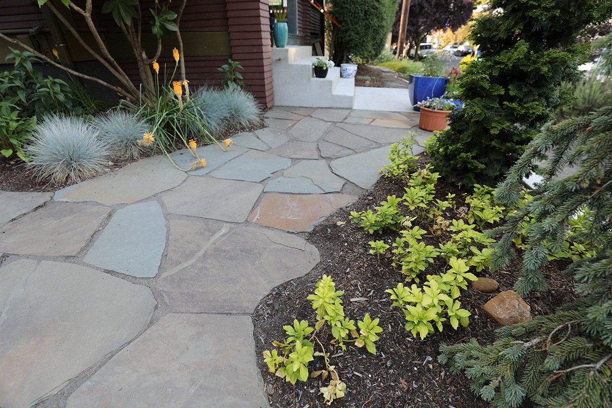 A stone pathway leading to white stairs near a house, surrounded by various potted plants and garden bushes, with trees in the background.