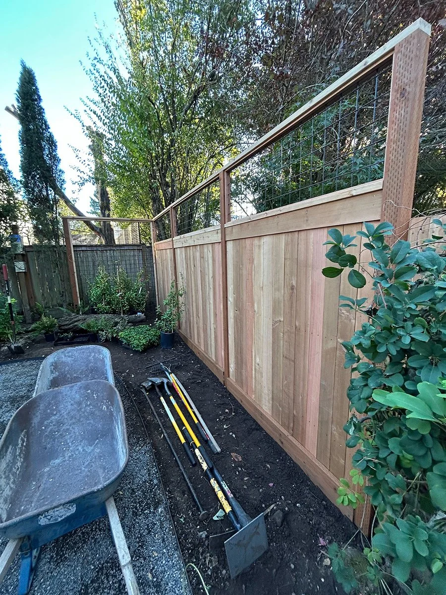 A new wooden fence under construction in a backyard, with gardening tools and a wheelbarrow on the ground, surrounded by trees and bushes.