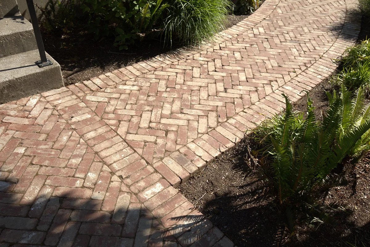 A brick pathway with a herringbone pattern next to green plants and soil, with concrete steps on the left side.