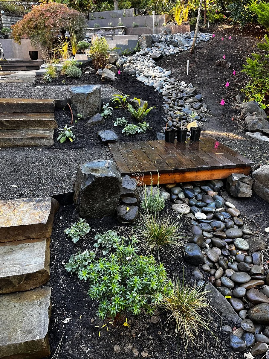 A landscaped garden with stone steps, a small wooden bridge over a dry riverbed of smooth black and gray stones, various plants, and landscaped soil with pink markers.