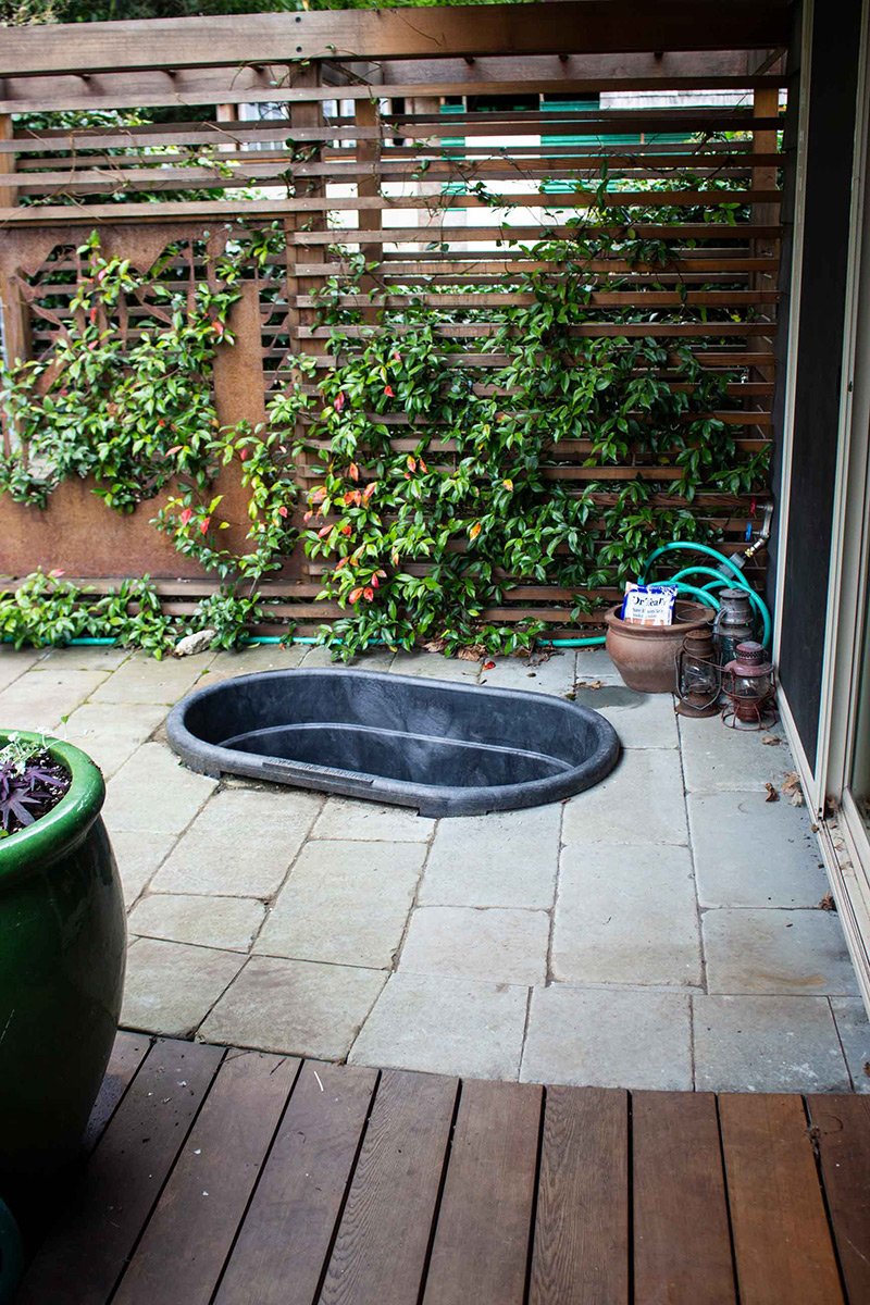 A small outdoor patio with a black rubber tub on a stone tile floor, a potted plant, a green plant box, and a wooden deck. There is a wooden trellis with vines climbing it, and garden supplies including hoses, a pot, and lanterns on the side.