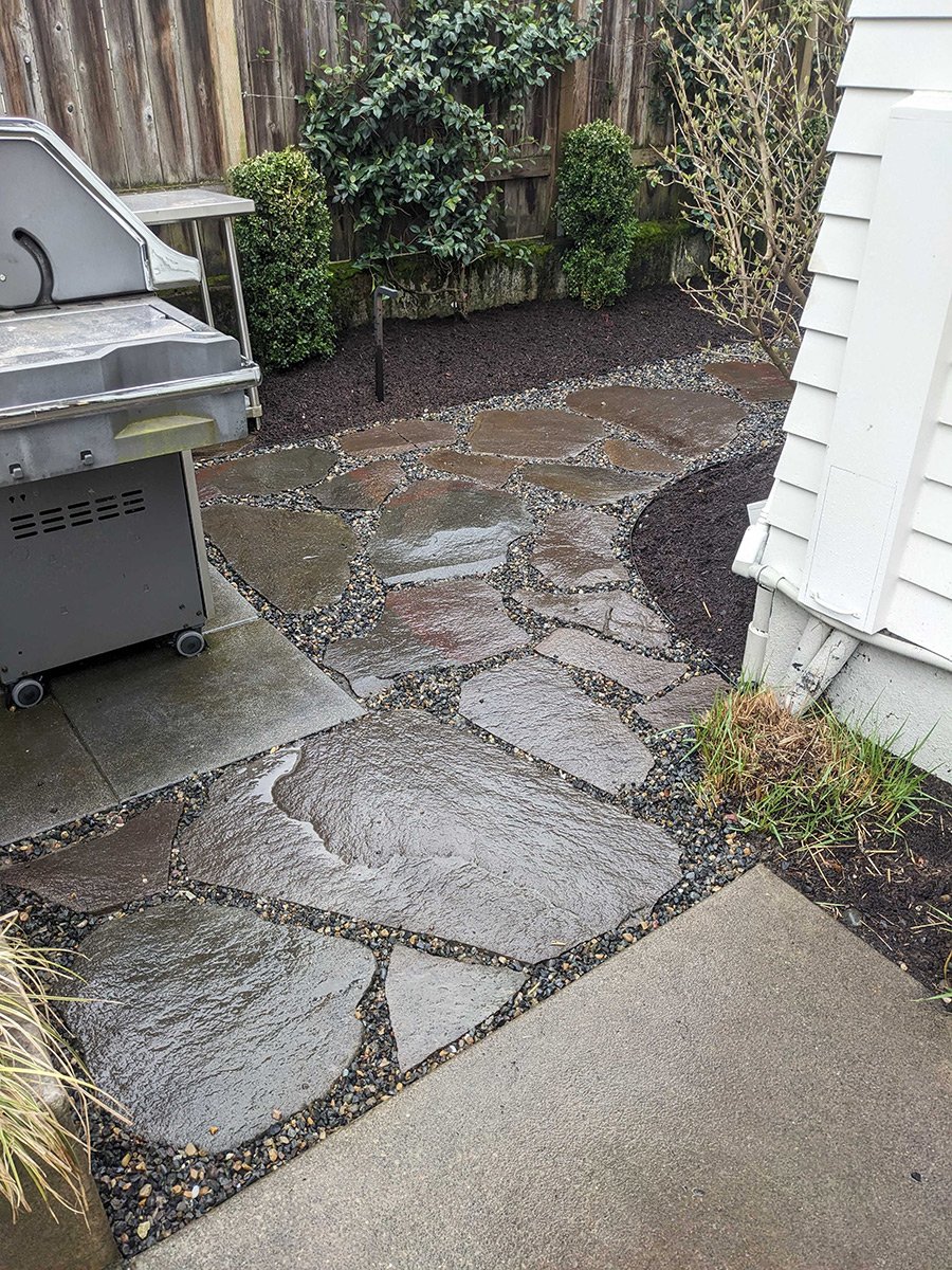 Wet stone pathway in a backyard garden with potted plants and a barbecue grill.