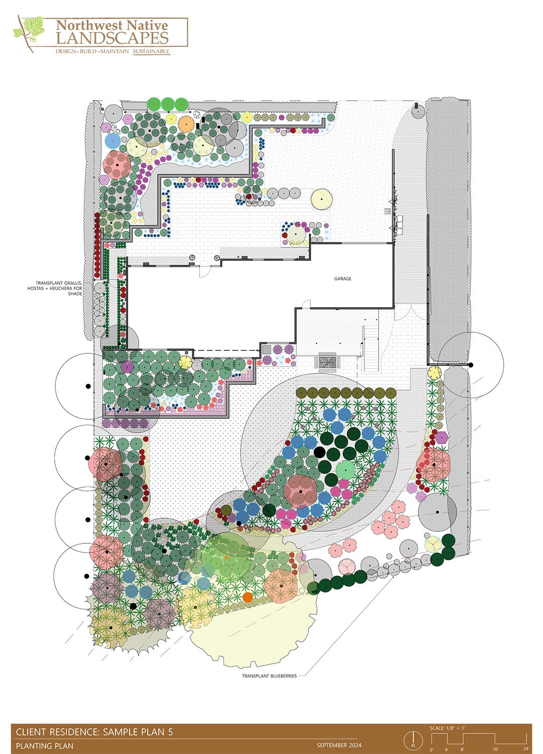 Landscape design plan for a client residence, showing various plantings, trees, and garden features around a house, with labeled areas and a color-coded garden layout.