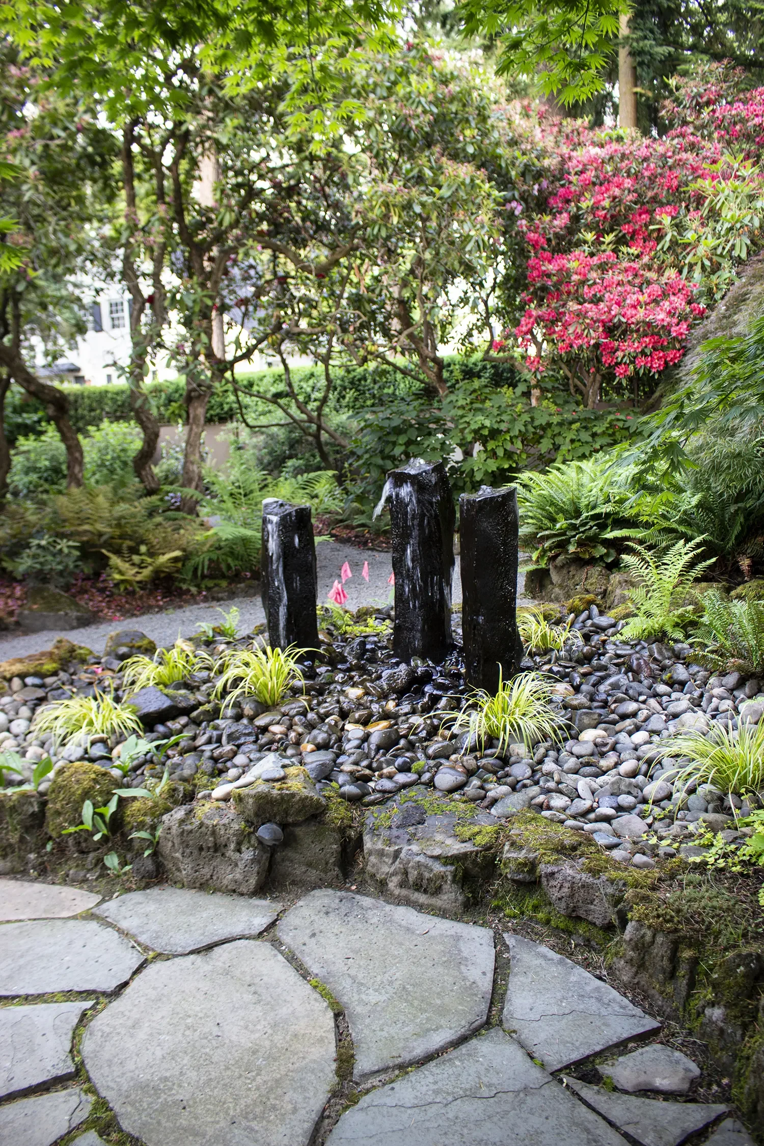 A landscaped garden with a stone pathway, Japanese water fountain, lush green plants, and colorful pink azaleas.