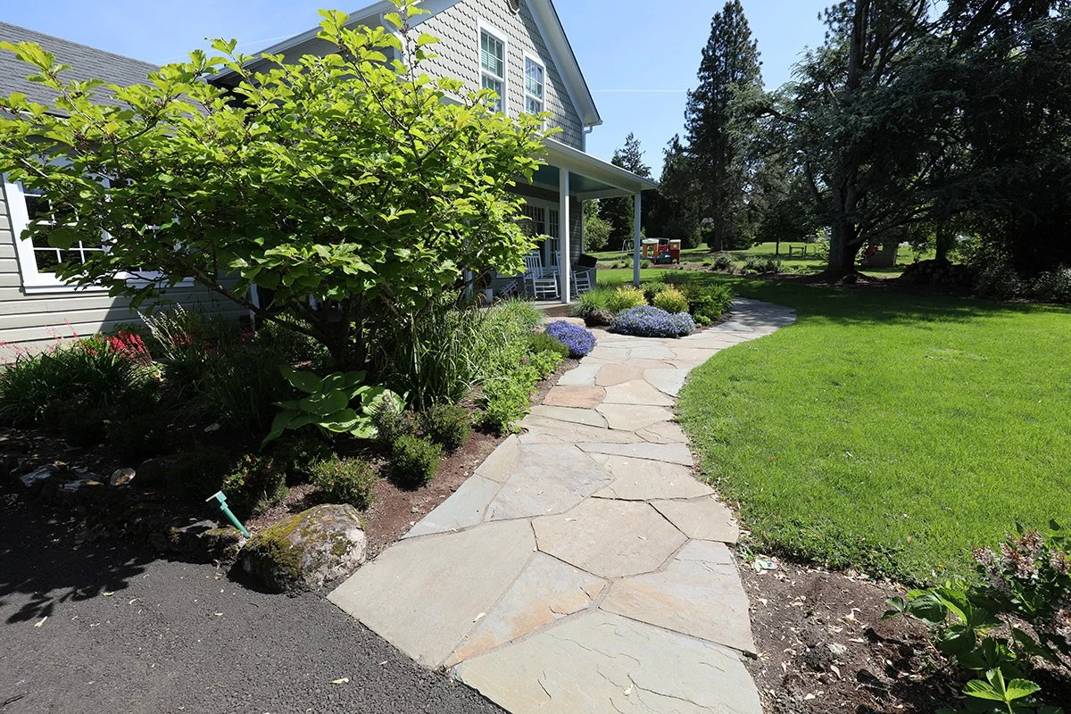 Stone pathway leading to a porch of a house with a well-kept lawn and garden with green shrubs and flowers on a sunny day.