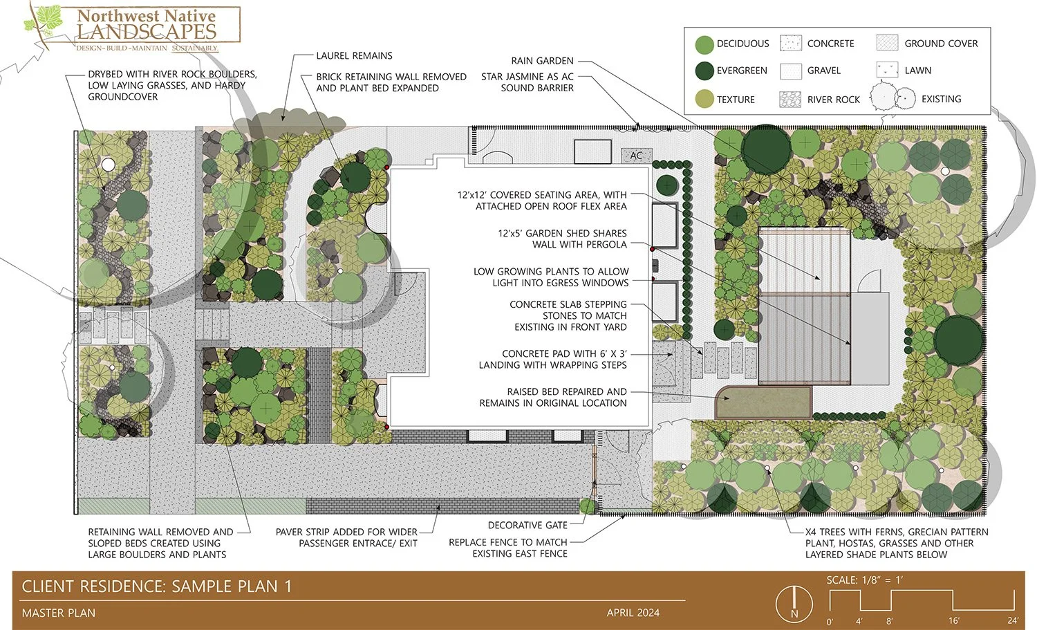 Landscape design plan of a residential yard with various garden areas, pathways, trees, and structures including a covered seating area, a garden shed, concrete slab steps, and a raised bed. The plan features different types of plants, ground covers,