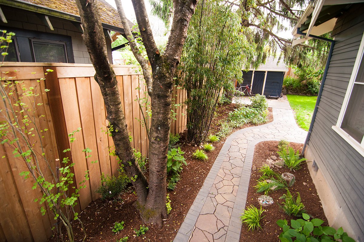 A backyard garden with a stone pathway, trees, shrubs, and a wooden fence on the left side. There are two black storage sheds at the end of the path and a bicycle leaning against one of them. The house is on the right side with gray siding and a wind