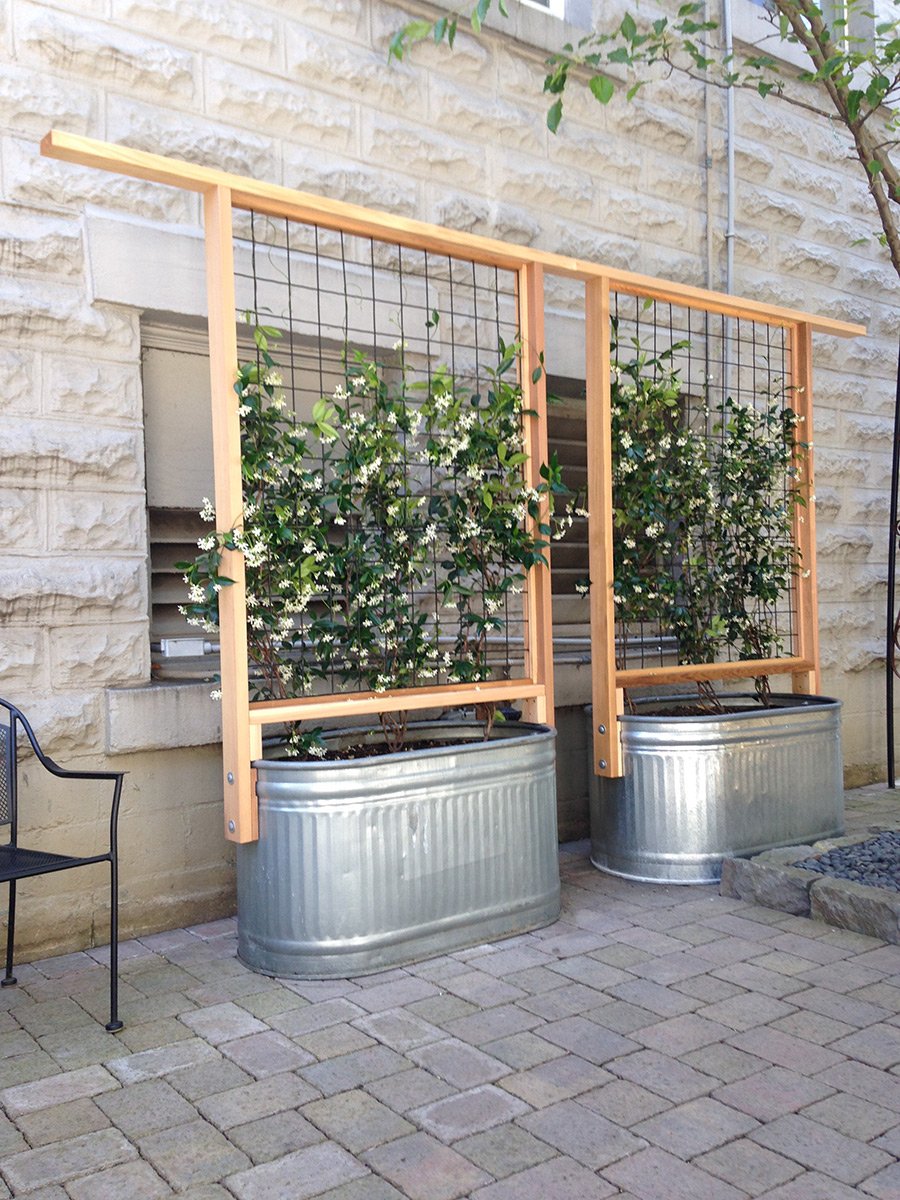Two metal planters with climbing plants supported by wooden trellises in a backyard patio with stone pavers, a black outdoor chair, and a brick wall in the background.