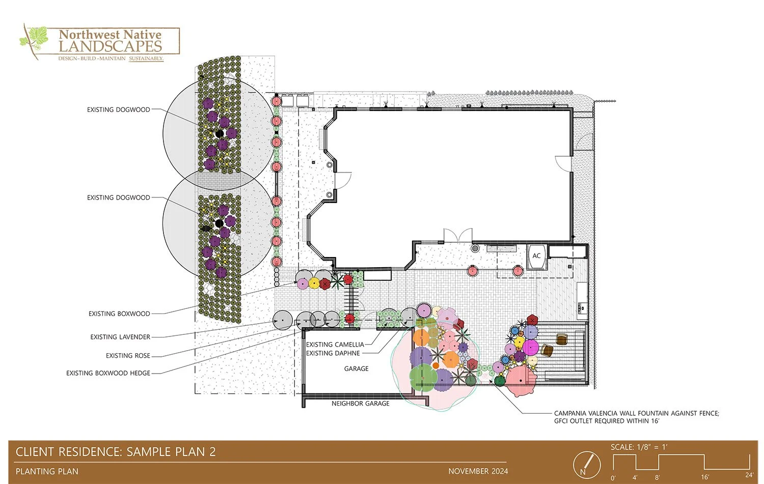 Landscape design plan for a residential property, showing tree and plant placements, existing structures, and planting notes and labels.
