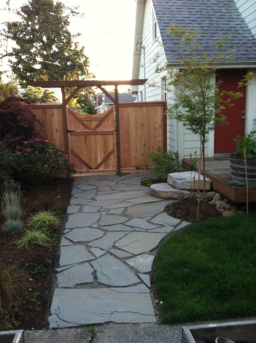 A stone pathway leading to a wooden gate in a fenced backyard, with a small tree and plants on either side.