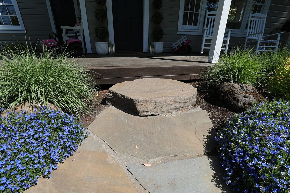 Front porch with stone steps leading up to a door, surrounded by green plants and purple flowers.