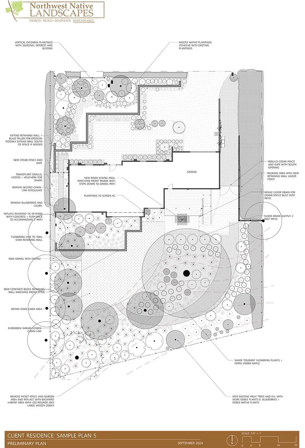 Landscape design plan for a residential yard with labeled features including a garage, new paved dining area, planting beds, retaining walls, various fences, pathways, trees, shrubs, and specified plantings. The plan shows layout and construction det