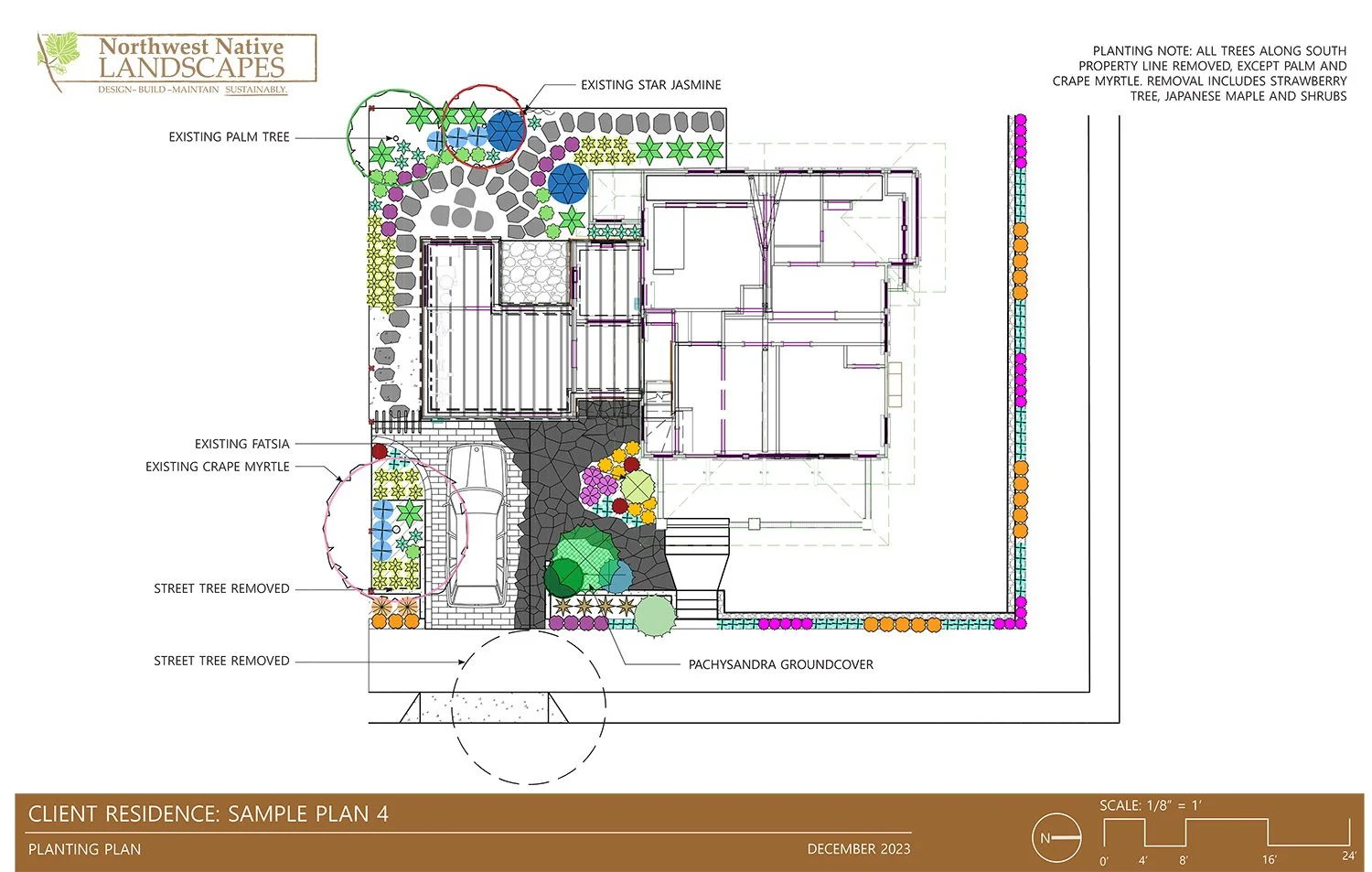 Landscape design plan for a client residence featuring tree removals, existing plants, groundcover, flower beds, a patio, parking area, and specific planting notes, created by Northwest Native Landscapes in December 2023.