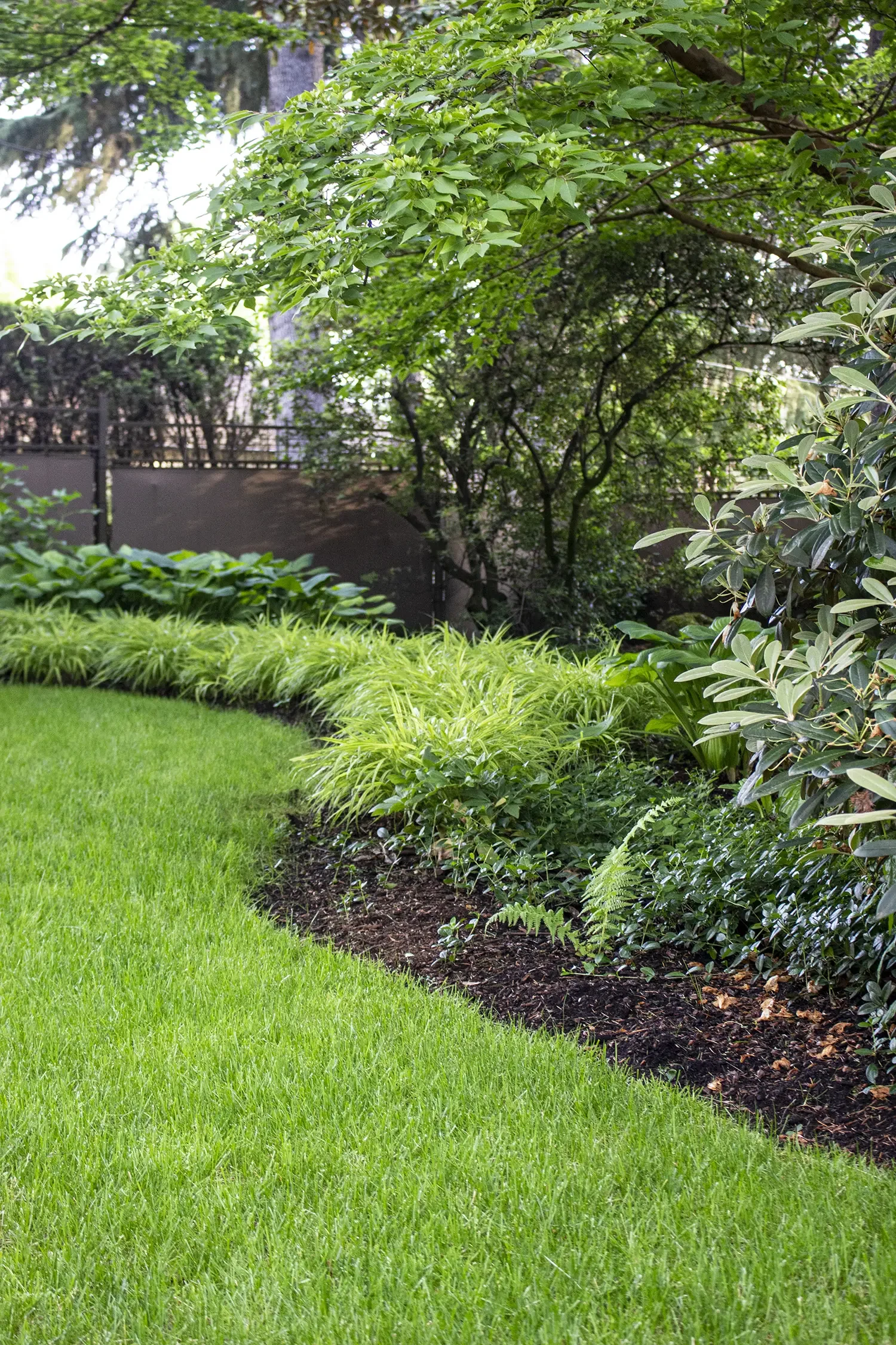 A landscaped garden with a neatly trimmed green lawn, various green bushes and plants, and trees with lush foliage in the background.