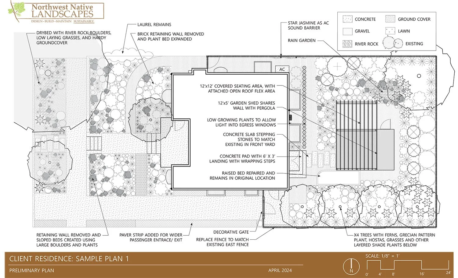 Landscape design plan featuring a covered seating area, garden shed, concrete patio, raised bed, various trees and plants, gravel, concrete slabs, paving, stone steps, and a decorative gate, with annotations on materials and plant types.