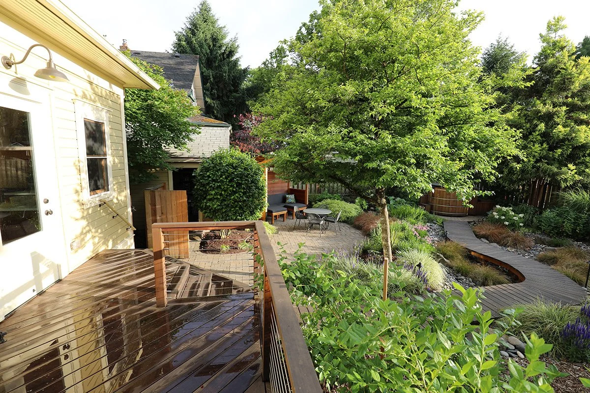 A backyard with a wooden deck, lush green trees, and landscaped garden with a curved pathway.