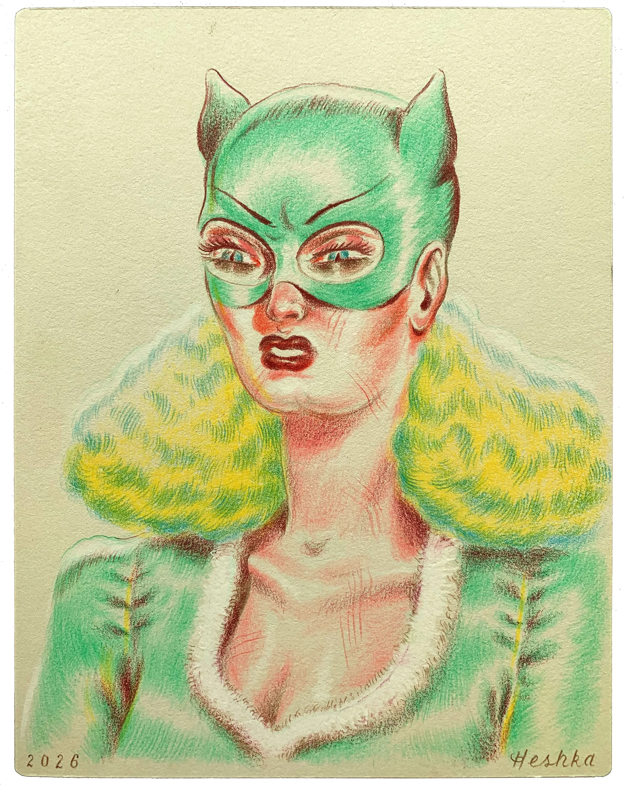 "Blonde Catwoman" colored pencil drawing