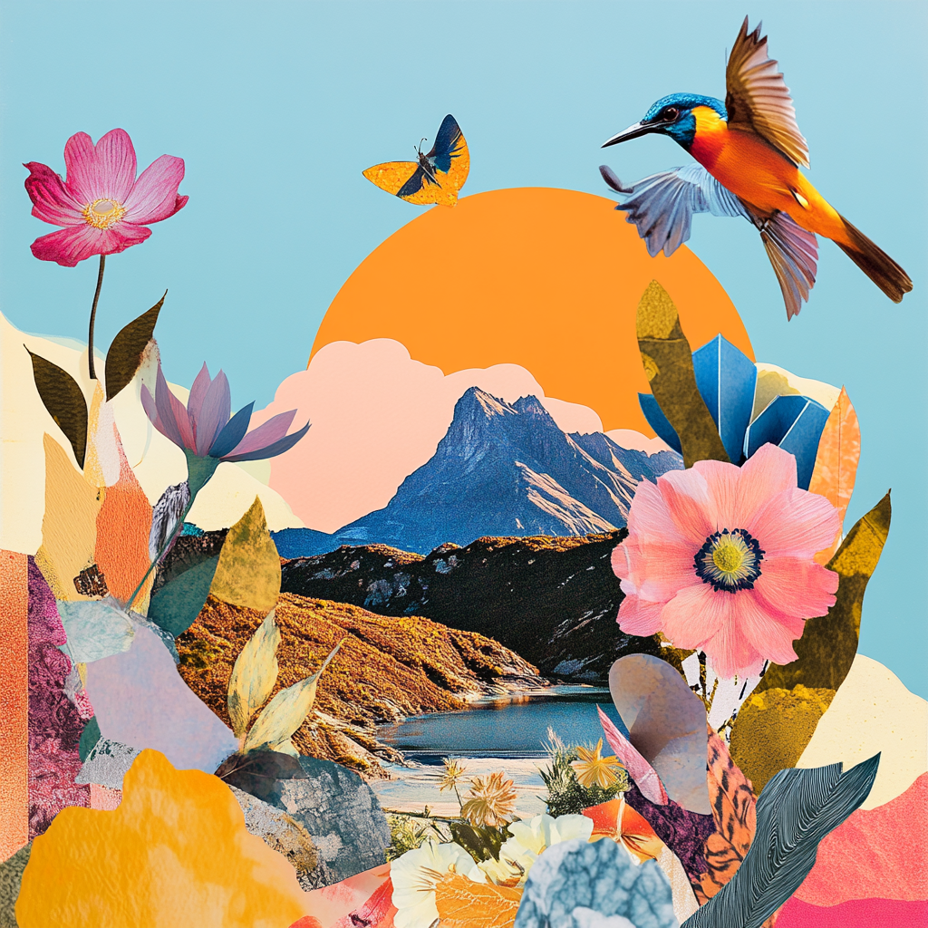 Nature's Finest - A beautiful collage of pieces that is all nature. Birds, florals, mountains, clouds. The bright colors make you feel happy.