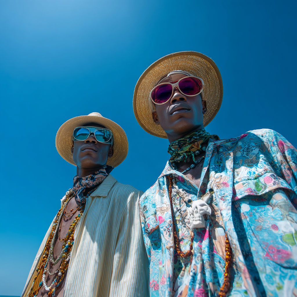 Vibes photography wall decor art print two men in high fashion tropical vacation resort wear