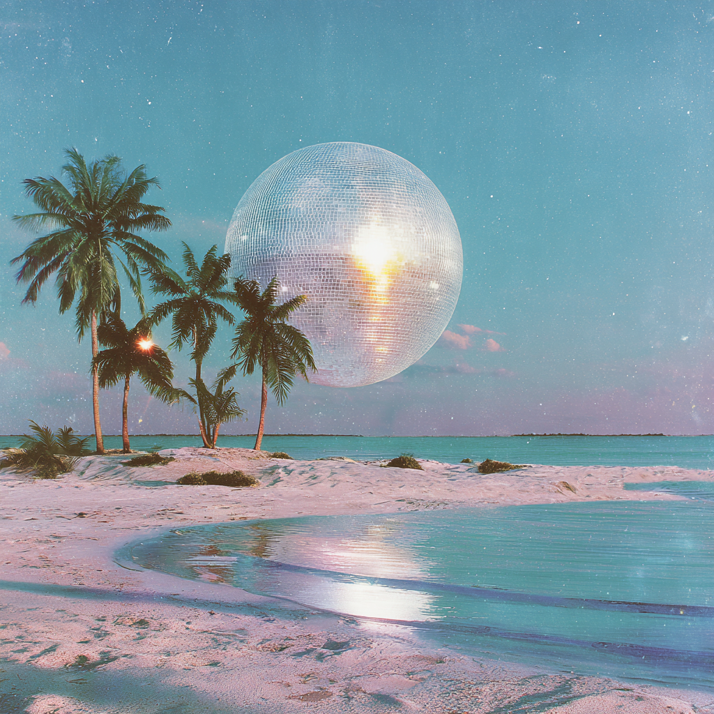 Photograph art print of a magical beach with a oversize disco ball floating in the air. It's shiny surface reflects nicely against the water. Palm trees fill the landscape.