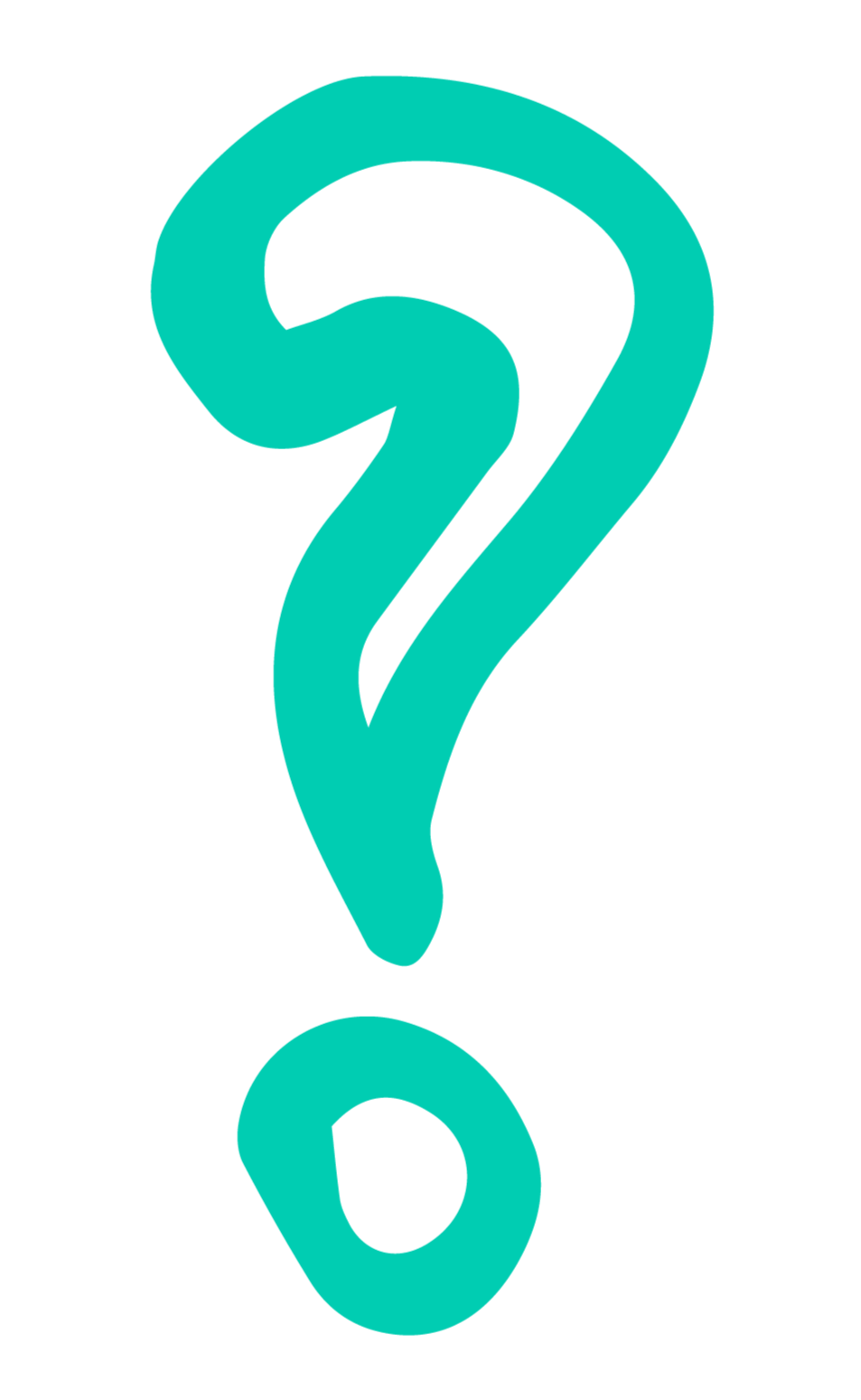 Large turquoise question mark on black background.