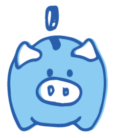 Cartoon blue piggy bank with a coin dropping into it.