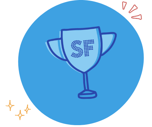 A light blue trophy with the letters 'SF' in the center, set against a darker blue circular background, with small red and gold decorative accents.