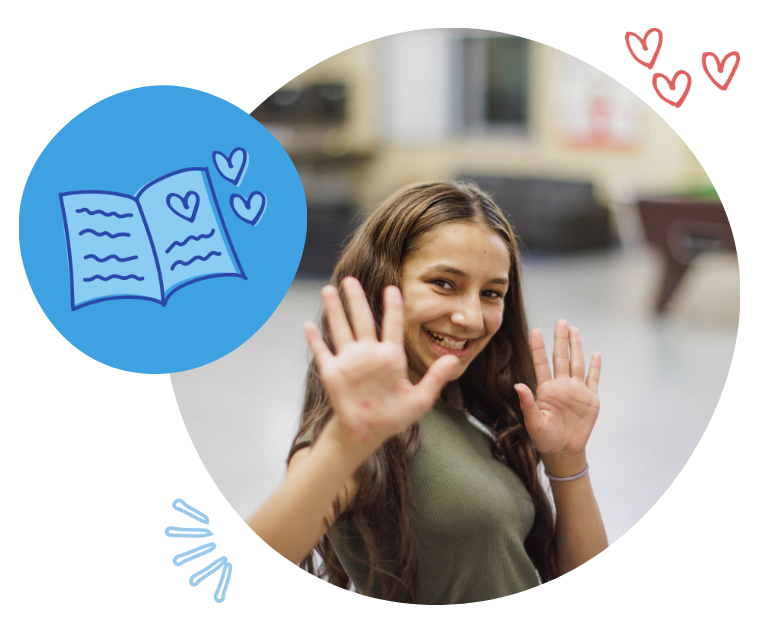 A young girl smiling and waving with both hands, outdoors in a casual setting with a background of a blurred building and benches, surrounded by colorful doodle hearts and an open book icon.