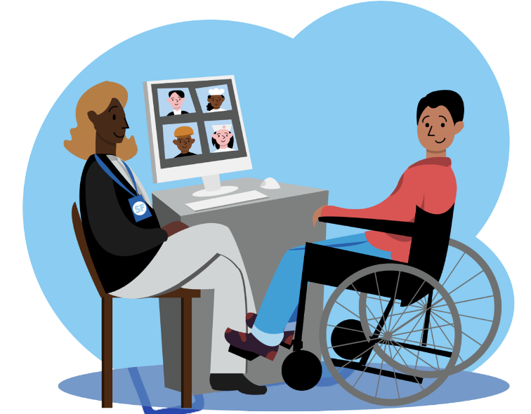 A person in a wheelchair participating in a virtual meeting with a healthcare provider on a computer monitor.