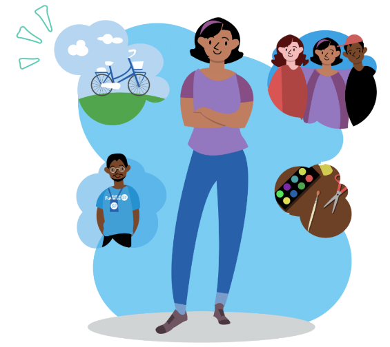 A girl imagining activities like riding a bicycle, hanging out with friends, and painting.