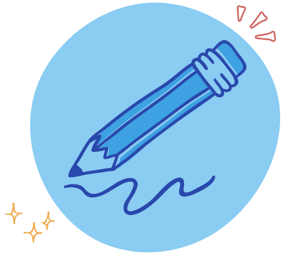 Illustration of a blue pencil drawing a line on a light blue background, with small decorative lines and sparkles around it.
