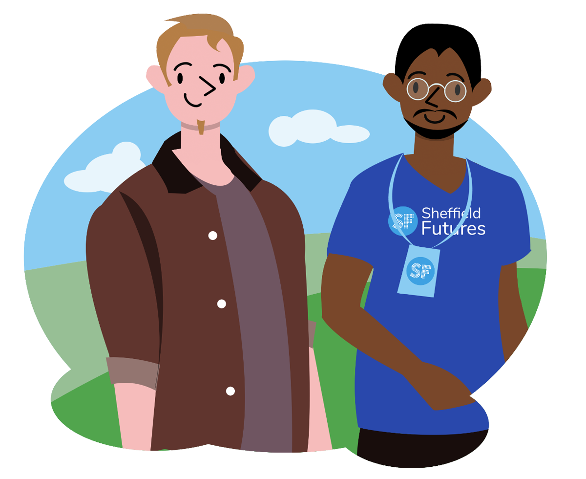 Two men standing outdoors on a grassy field with a blue sky and clouds, one in a brown jacket and the other in a blue t-shirt with 'Sheffield Futures' logo, wearing glasses and a lanyard.