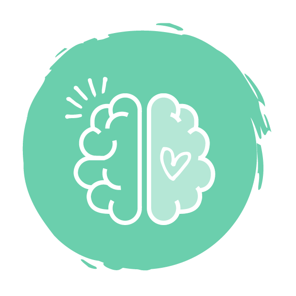 A teal circle with a white outline drawing of a brain, featuring a heart inside on the right hemisphere and lines indicating activity on the left hemisphere.