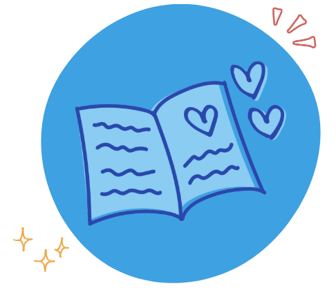 A drawing of an open book with hearts and decorative lines around it, inside a blue circle.