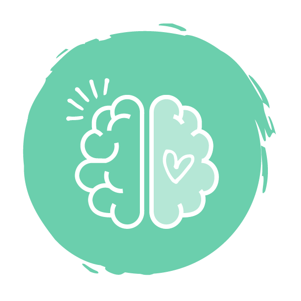 Line drawing of a brain with a heart inside on a teal circular background.