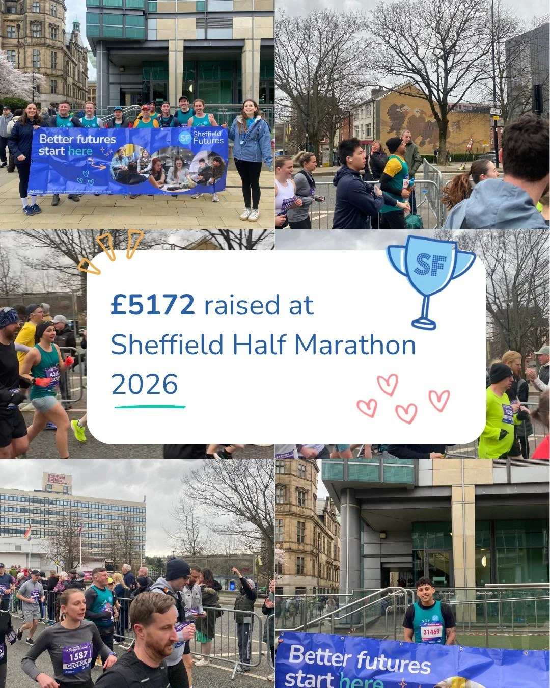 The Sheffield Half Marathon 2026 total is in! 🎉

Thanks to the hard work from Team Sheffield Futures, we have raised an incredible &pound;5172 from this year's half marathon 👏

We want to say a huge thank you to everyone who ran, cheered and donate