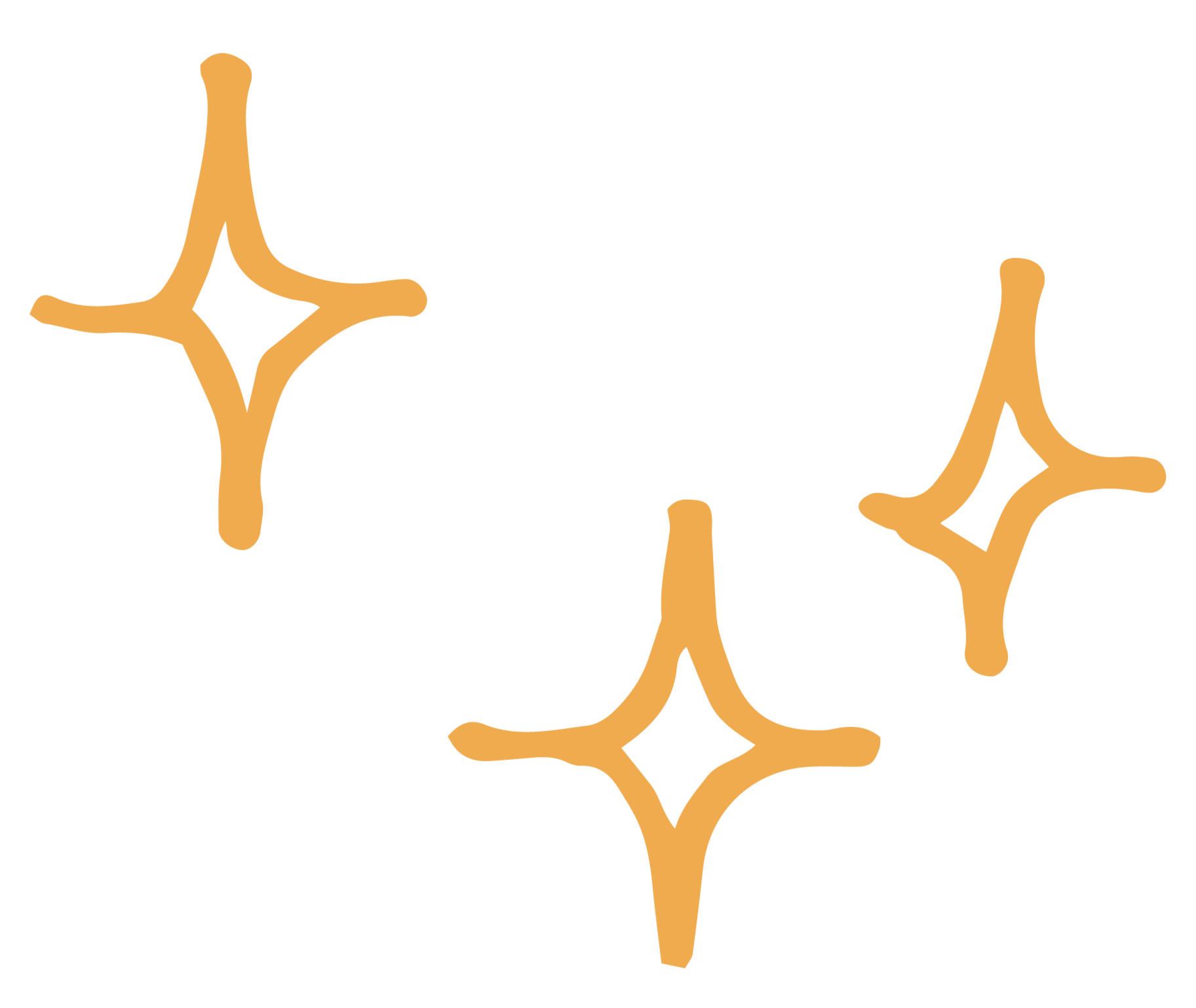 Three sparkling star icons with gold outlines on a transparent background.
