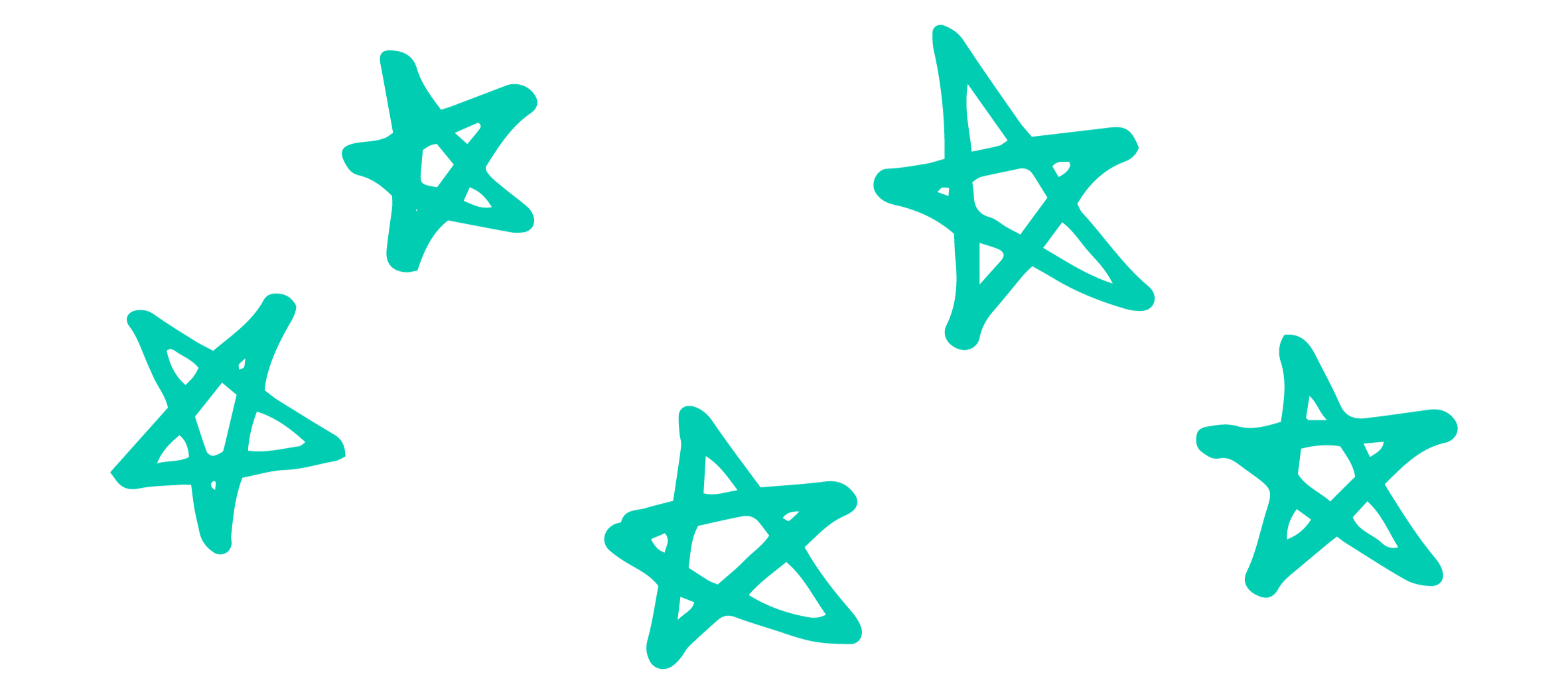 Five teal, hand-drawn stars on a black background.