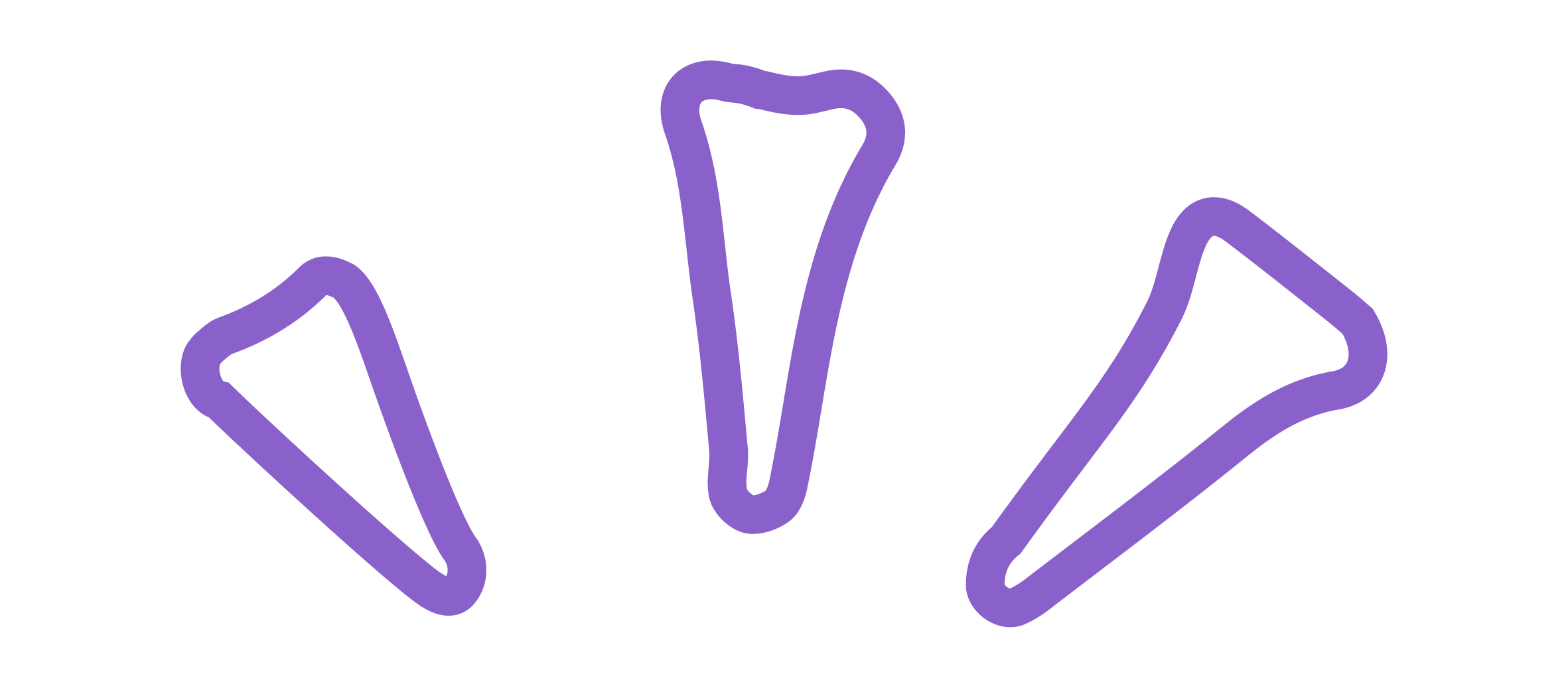 Outline drawing of three purple French fries on a black background.