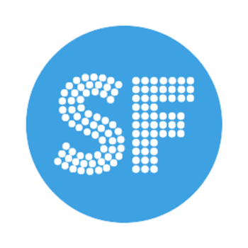 Blue circular icon with the letters 'SF' made of small black dots.